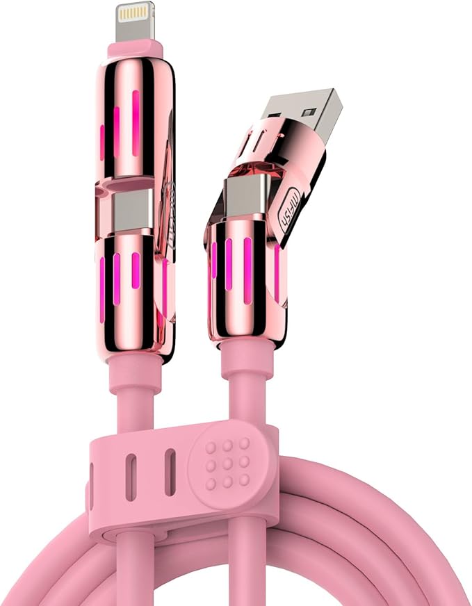 4-in-1 Universal Multi USB Charging Cable – 240W Max Fast Charger Cord with Multiple Connectors for iPhone 16/15/14/13, iPad, Samsung, MacBook, Tablets & More (Pink, 6.6Ft)