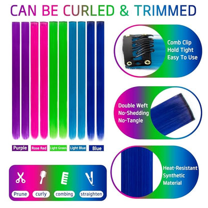 20 Packs Colored Hair Extensions 20Inch Straight Multi-5Colors Party Highlights Clip In Hair Extension Synthetic Rainbow Hairpieces for Girls Kids Gift(Blue,Dark blue,Grass Green,Purple,Rose Red)