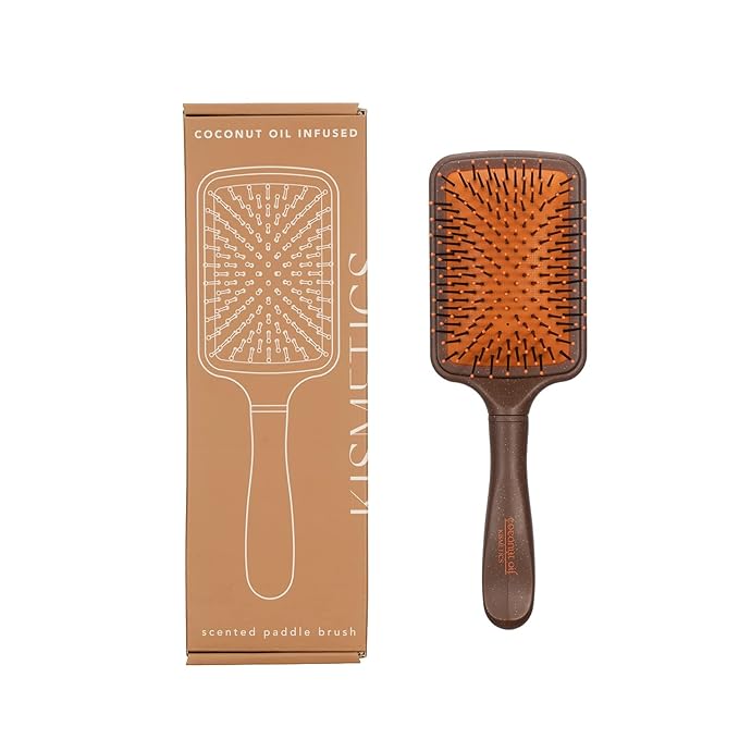 Coconut Oil Infused HAIR BRUSH, Scented Paddle Brush, for Gentle Detangling, Scalp Massage or Blow-dry. For All Hair Types. Brown