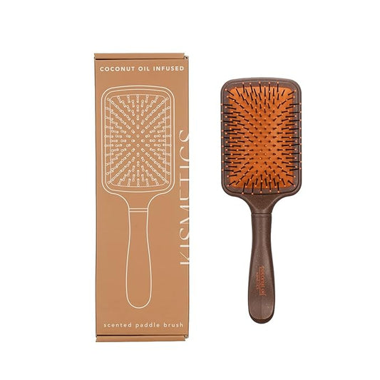 Coconut Oil Infused HAIR BRUSH, Scented Paddle Brush, for Gentle Detangling, Scalp Massage or Blow-dry. For All Hair Types. Brown