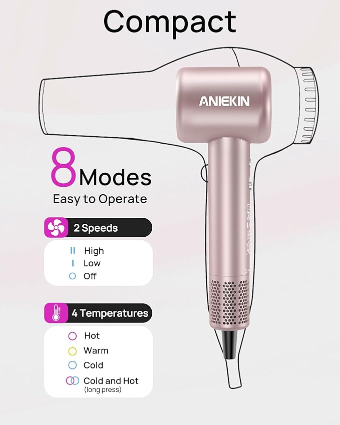 Hair Dryer, High-Speed Ionic Low Noise Blow Dryer with Brushless Motor for Fast Drying, Thermo-Control Quiet Compact Hair Blow Dryer with Magnetic Diffuser for Curly Hair for Home Travel Salon