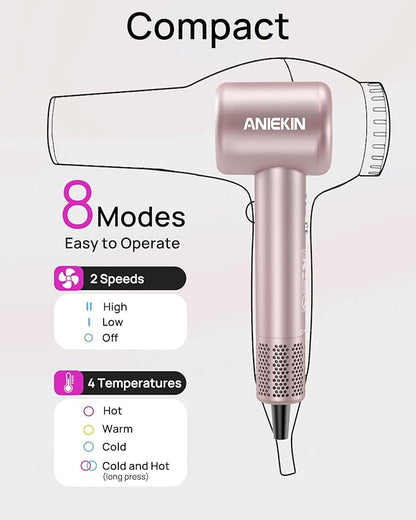 Hair Dryer, High-Speed Ionic Low Noise Blow Dryer with Brushless Motor for Fast Drying, Thermo-Control Quiet Compact Hair Blow Dryer with Magnetic Diffuser for Curly Hair for Home Travel Salon
