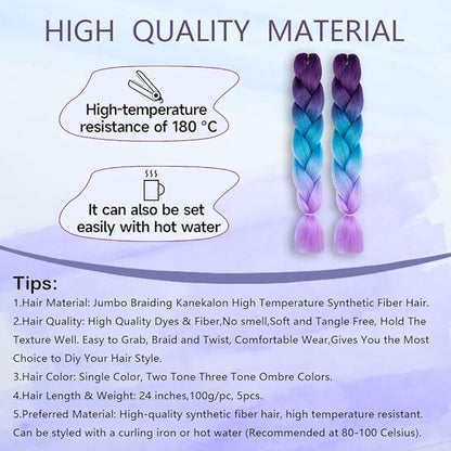 Ombre Braiding hair synthetic Crochet braids twist 24inch 5pcs/lot 100g Ombre two three tone Jumbo braid hair extensions Dreadlocks (Purple-Blue-Lavender)