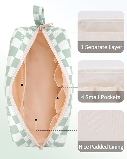 Narwey Checkered Makeup Bag Travel Cosmetic Bag Organizer Small Toiletry Bag Make Up Bags with Comparments for Women and Girls, Gift for Teen Girls (Mint Green Checkerboard, Large)