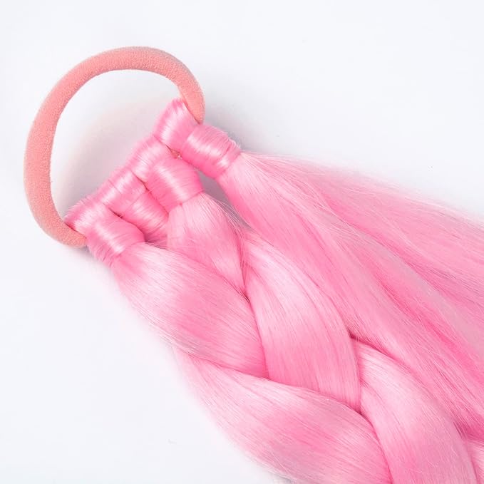 2 Pack Pink Long Braided Ponytail Extension with Hair Tie Straight Wrap Around Hair Extensions Ponytail Natural Soft Synthetic Hair Piece for Women