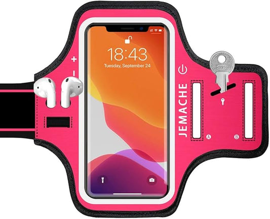 iPhone 16e 16 15 14 Armband, JEMACHE Water Resistant Gym Running Workouts Arm Band for iPhone 16 15 14 13 12 11 Pro (Rosy)