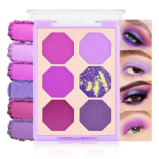 Six Colors Glitter Matte Eyeshadow Palette, Purple Light Purple Violet Midnight Purple Smoky Shimmer Sparkly Eyeshadow Palette Makeup, Prom Eyeshadows Long-Lasting Waterproof Women Girls Eye Shadow 02