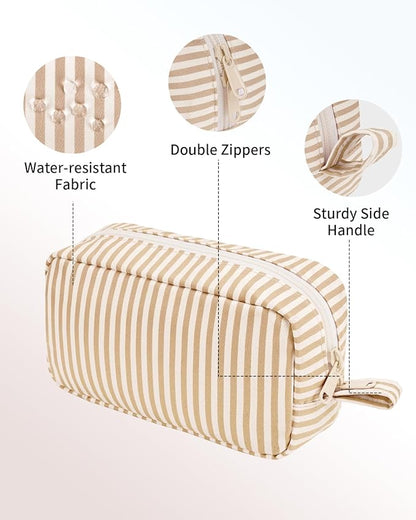 Narwey Small Makeup Bag for Purse Travel Makeup Pouch Mini Cosmetic Bag Zipper Pouch for Women (Brown Stripe, Small)