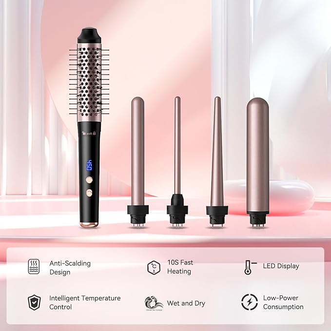 5 in 1 Curling Wand Set, Waver Curling Iron with Curling Brush and 4 Interchangeable Ceramic Curling Wand (0.35”-1.25”) for Women, Fast Heat Up Hair Curler Include Heat Protective Glove