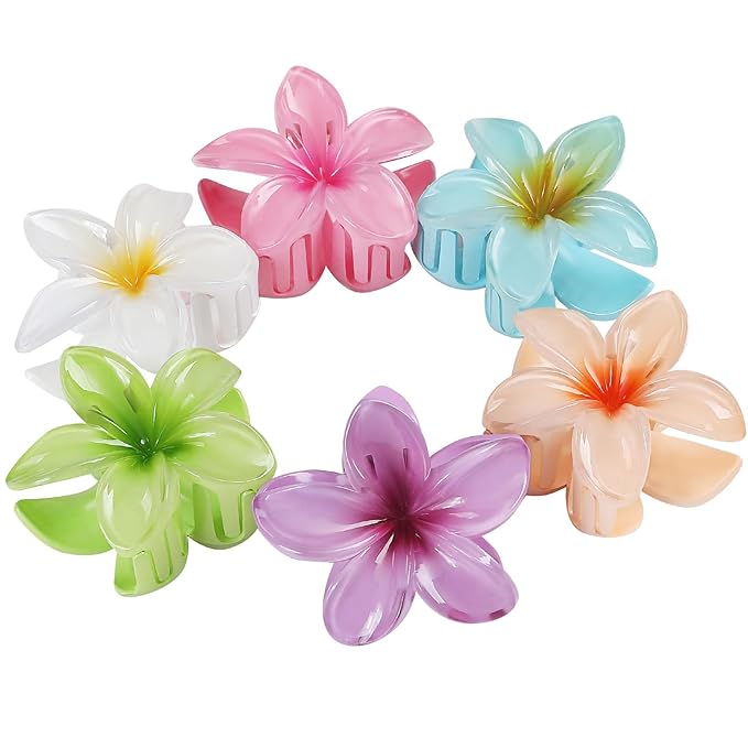 Hawaiian Plumeria Hair Accessories - 6 Pack Large Claw Clips for Thick and Thin Hair, Beach Tropical Hair Clips for Women and Girls -Hawaiian