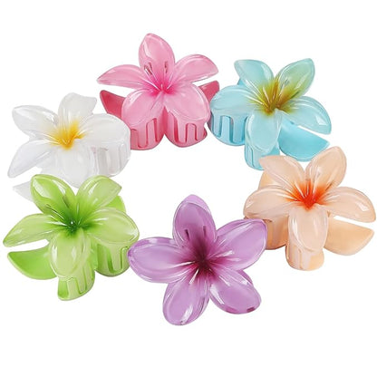 Hawaiian Plumeria Hair Accessories - 6 Pack Large Claw Clips for Thick and Thin Hair, Beach Tropical Hair Clips for Women and Girls -Hawaiian
