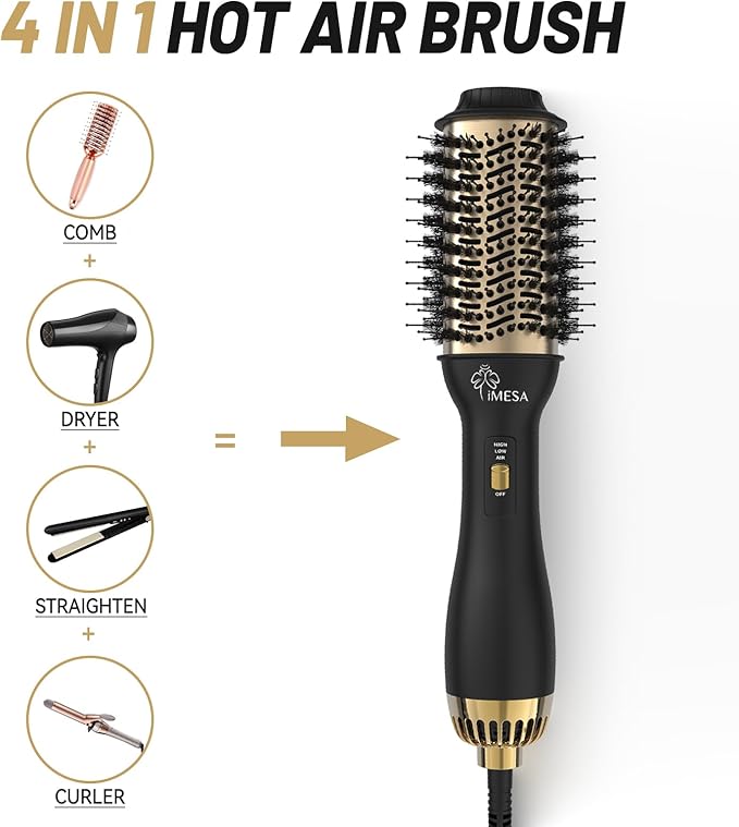 4-IN-1Hot Air Brush, 1000W Hair Dryer Brush Blow Dryer Brush, One-Step Volumizer Hair Dryer and Styler, 3 Speeds Temp, Hot Air Styler Black