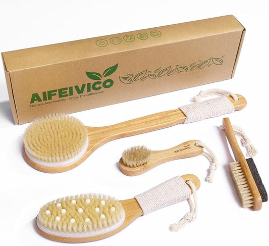 Natural Boar Bristle Dry Brush - Exfoliating Body, Face & Foot Brush, Long Handle Back Scrubber, Meridian Pressure for Lymphatic Drainage & Cellulite