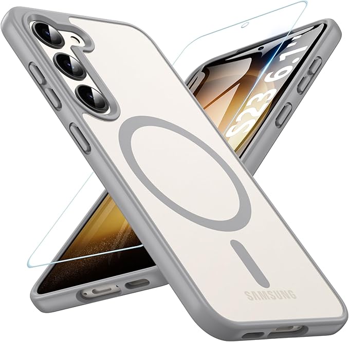 OWKEY for Galaxy S23 Case 6.1'', Magnetic Samsung Galaxy S23 Case for Magsafe with Screen Protector, [Military Grade Protection] Shockproof Phone Cover S23 Case Protective Case for Samsung S23, Gray