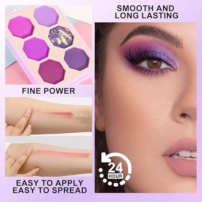 Six Colors Glitter Matte Eyeshadow Palette, Purple Light Purple Violet Midnight Purple Smoky Shimmer Sparkly Eyeshadow Palette Makeup, Prom Eyeshadows Long-Lasting Waterproof Women Girls Eye Shadow 02