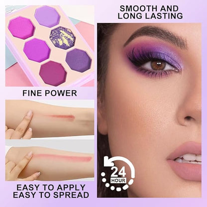 Six Colors Glitter Matte Eyeshadow Palette, Purple Light Purple Violet Midnight Purple Smoky Shimmer Sparkly Eyeshadow Palette Makeup, Prom Eyeshadows Long-Lasting Waterproof Women Girls Eye Shadow 02
