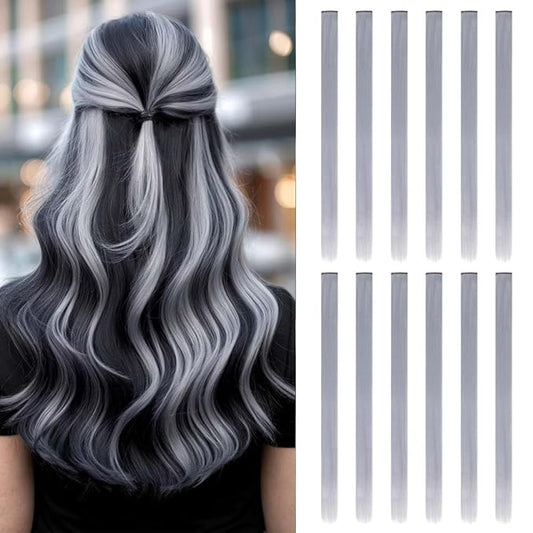 20 Inch Colored Hair Extensions Party Highlights Straight Colorful Clip In Hair Extensions Synthetic Rainbow Hairpieces for Girls Kids Gift(Grey, 12 PCS)