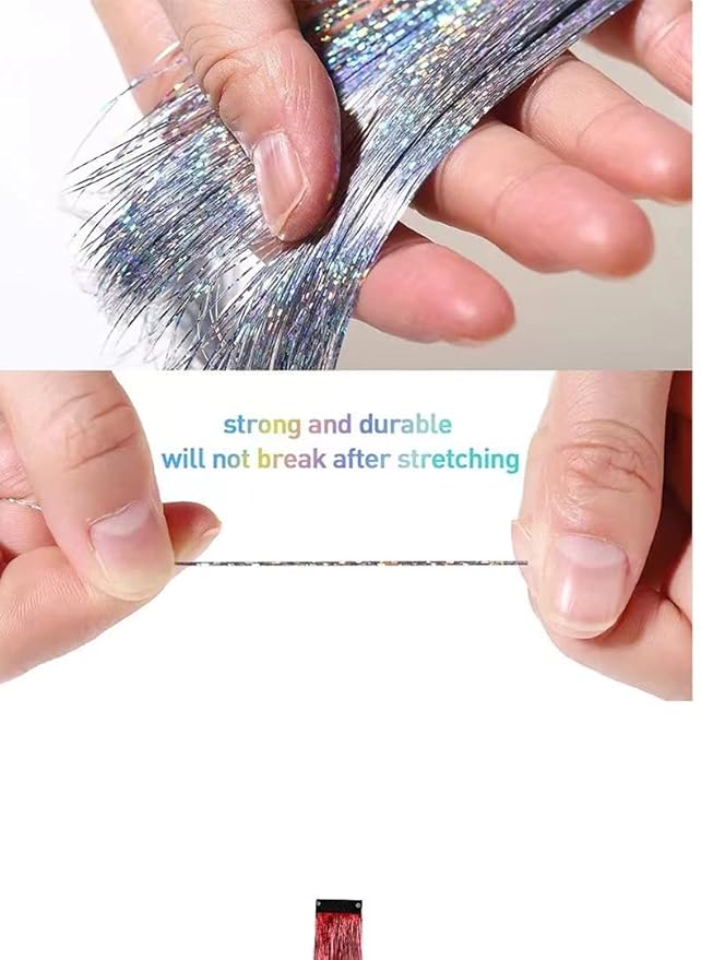 12PCS Tinsel Hair Extensions Glitter Hair Extension Clip in Gold Sparkling Fairy Hair Tinsel Kit Shiny Highlights Colorful Heat Resistant Hair Accessories for Girls Xmas New Year Party-Red
