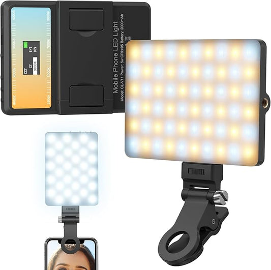 Selfie Light with LCD Display for Phone, 60 LED Phone Light with Rechargeable Clip and Adjusted 3 Light Modes, 2000mAh Video Light for Phone iPad, Laptop, Makeup, TikTok, Selfie, Vlog, Black