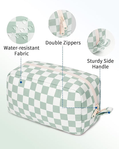 Narwey Checkered Makeup Bag Travel Cosmetic Bag Organizer Small Toiletry Bag Make Up Bags with Comparments for Women and Girls, Gift for Teen Girls (Mint Green Checkerboard, Large)