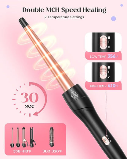 5 in 1 Curling Iron Set, Curling Wand with New Upgraded Thermal Brush and 4 Interchangeable Ceramic Barrels(0.35"-1.5"), Fast Heating, Dual Voltage Hair Curler, Gifts for Women