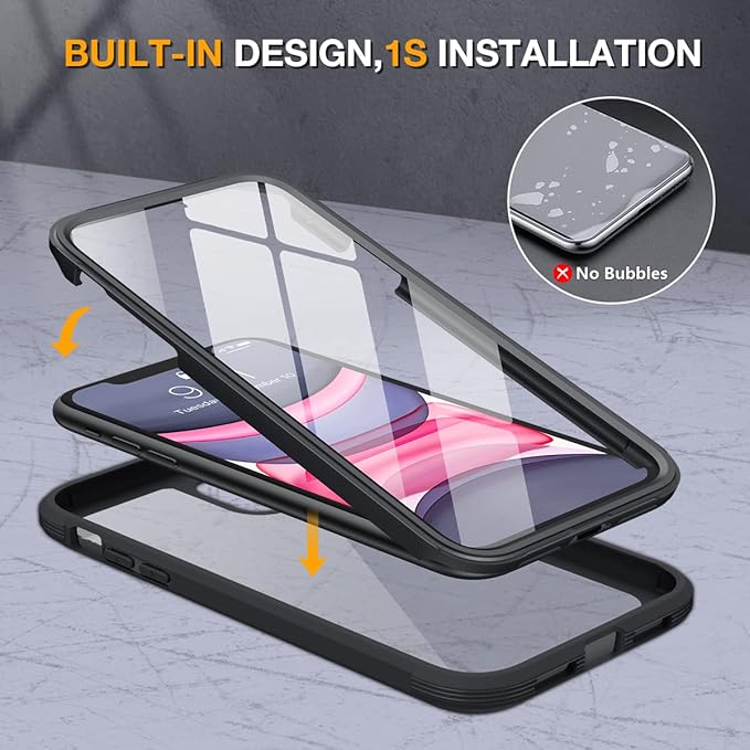Miracase Glass Series Designed for iPhone 11 Case [2023 Upgraded] Full-Body Rugged Bumper Case with Built-in 9H Tempered Glass Screen Protector and Camera Protector (Black)