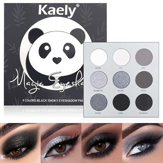 Black Grey Smokey Eyeshadow Palette,Highly Pigmented Matte Black White Gray Silver Smoky Eye Shadow,9Colors Cool Toned Eyeshadow Palette Black Radiance Eyeshadow Long Lasting Eye Makeup for Goth Look