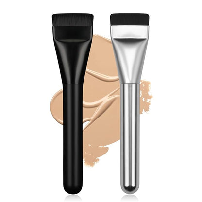 2Pcs Flat Foundation Brush,Face Mask Brush Makeup Spatula Facial Brush for Liquid Foundation Mask,Premium Face Korean Makeup Brush for Blending Cream (Black&Silver)