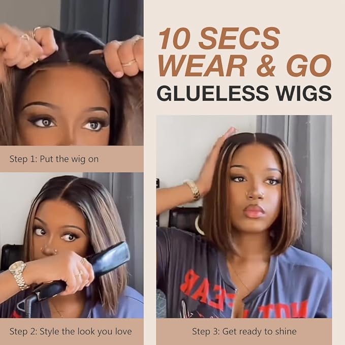 1B/30 Mixed Brown Wig Human Hair, Wear to Go Glueless Bob Wig Human Hair 200% Density 5x5 HD Lace Closure Wigs with Natural Hairline for Women(16 inch)