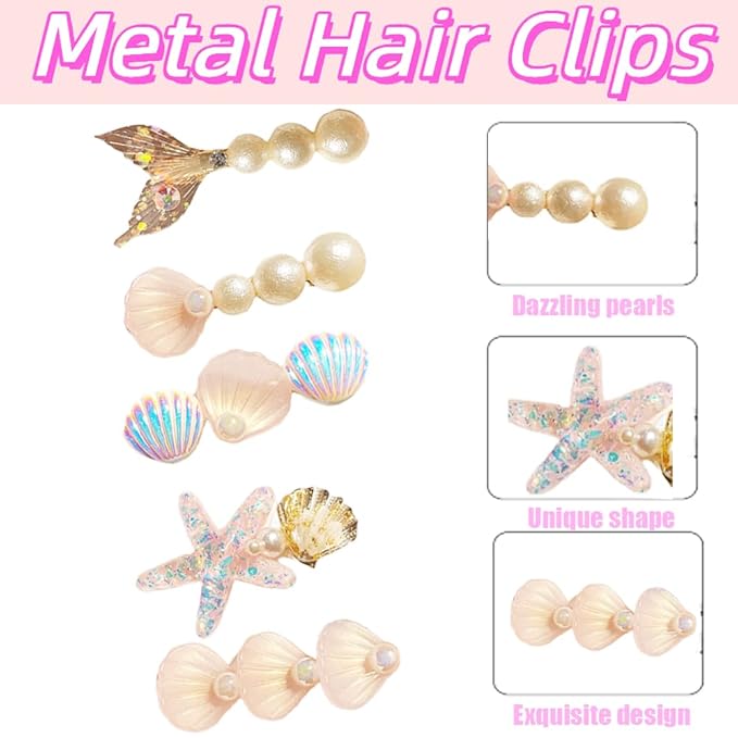 5 Pcs Starfish Seashell Hair Clips Mermaid Costume Pearl Beach Ocean Hair Accessories Women and Girls （Pink）