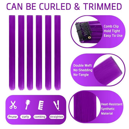 20 Inch Colored Hair Extensions Party Highlights Straight Colorful Clip In Hair Extensions Synthetic Rainbow Hairpieces for Girls Kids Gift(10Pcs Purple)
