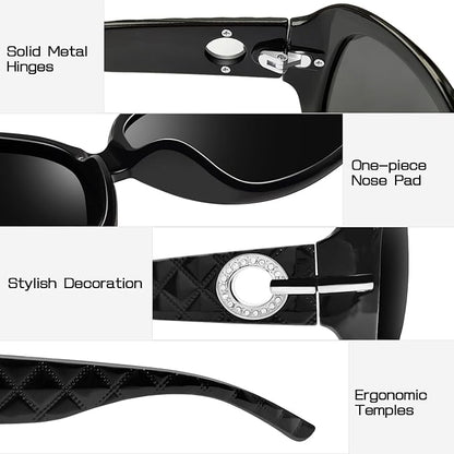 Joopin Big Womens Sunglasses Polarized Trendy Sun Glasses Large Rectangle UV Protection Rhinestone Sunnies