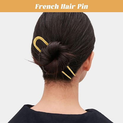 3PCS Textured Metal French Hair Pins, U Shaped Updo French Pin Hair Fork for Women and Girls, French Twist Hair Pin for Buns, French Pins Hair Accessories