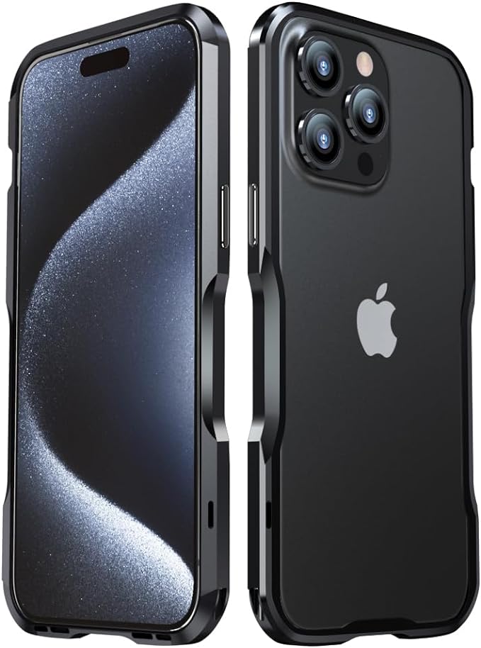 HENGHUI Aluminum Bumpers for iPhone 15 Pro Bumper Case with Strap Hole Metal Frame Bumper Cover Shock Absorbent Slim Cool Design (Black)