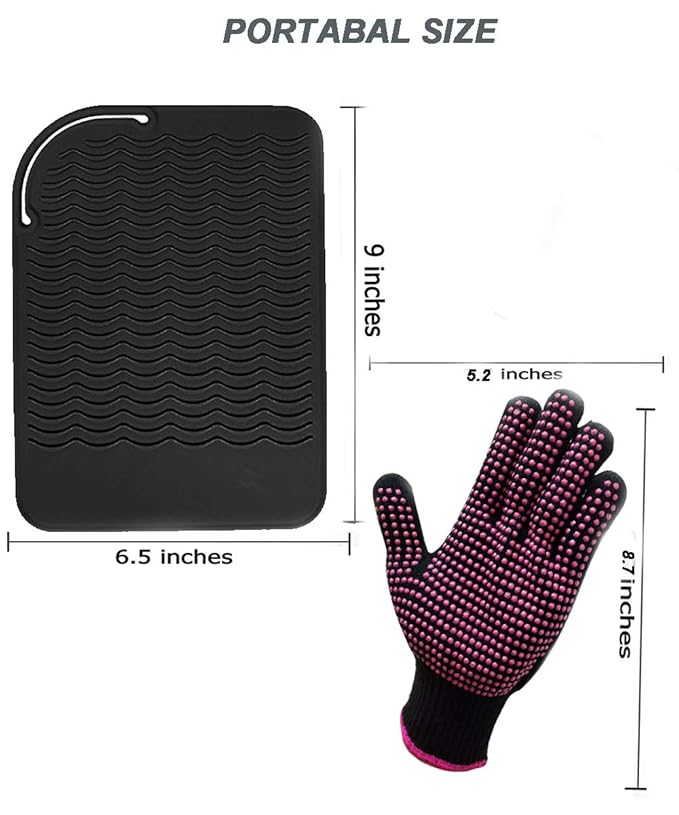 Heat Resistant Silicone Glove and Mat Set for Curling Iron, Hair Straightener, Flat Irons - 9" x 6.5" Food Grade Silicone Mat, Black