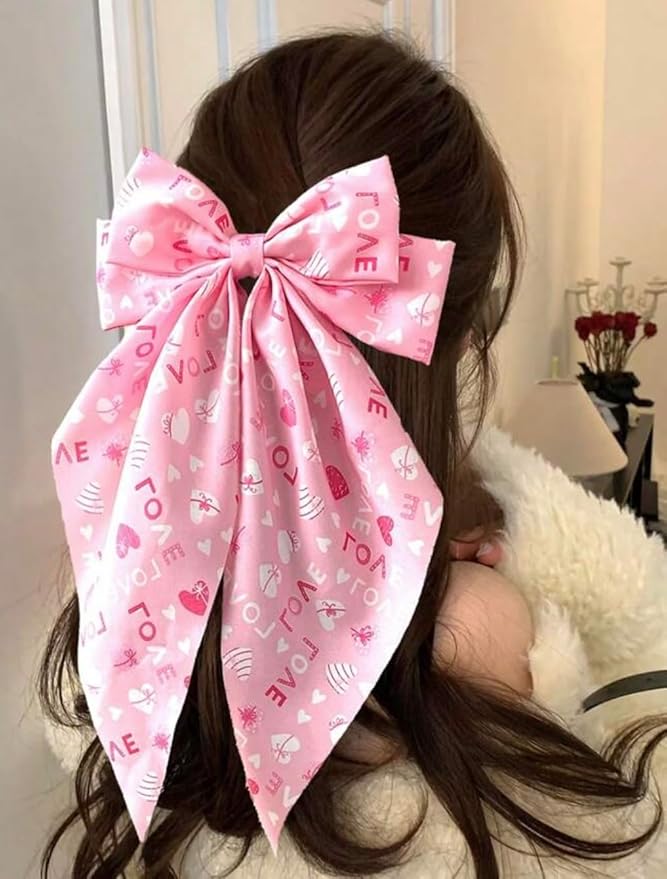 Mother's Day Hair Bows for Women Ribbon Bow Hair Clips with Long Tails Vintage Hair Accessories for Women Valentine Hair Bows Heart Hair Bow