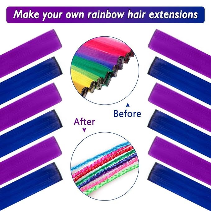 20 Inch Colored Hair Extensions Party Highlights Straight Colorful Clip In Hair Extensions Synthetic Rainbow Hairpieces for Girls Kids Gift(12Pcs, Blue-Purple)