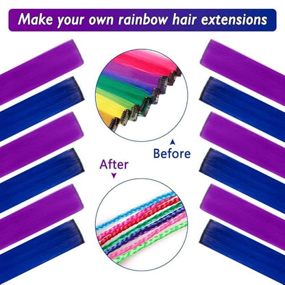 20 Inch Colored Hair Extensions Party Highlights Straight Colorful Clip In Hair Extensions Synthetic Rainbow Hairpieces for Girls Kids Gift(12Pcs, Blue-Purple)