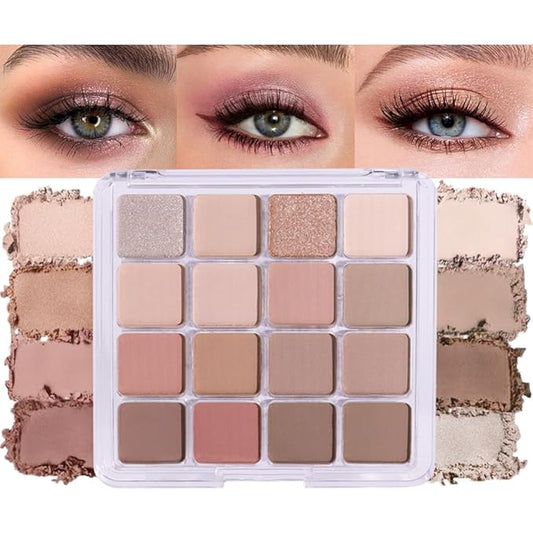 16Color Matte Shimmer Eyeshadow Palette, Natural Nude Brown 16Color Series Eye Shadow Palette Makeup, Warm Glitter Sparkly Eyeshadows Long Lasting Waterproof Naturing-Looking Women Girls Eye Shadow