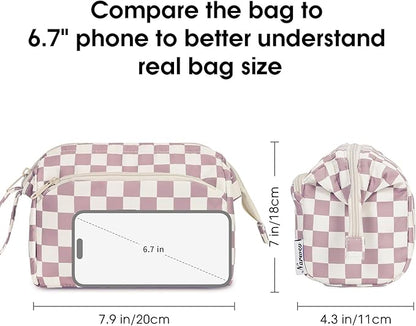 Narwey Checkered Makeup Bag Women Wide-open Make up Bag Travel Cosmetic Bag Organizer Toiletry Bag for Cosmetics Toiletries Accessories (Dusty Rose Checkerboard)
