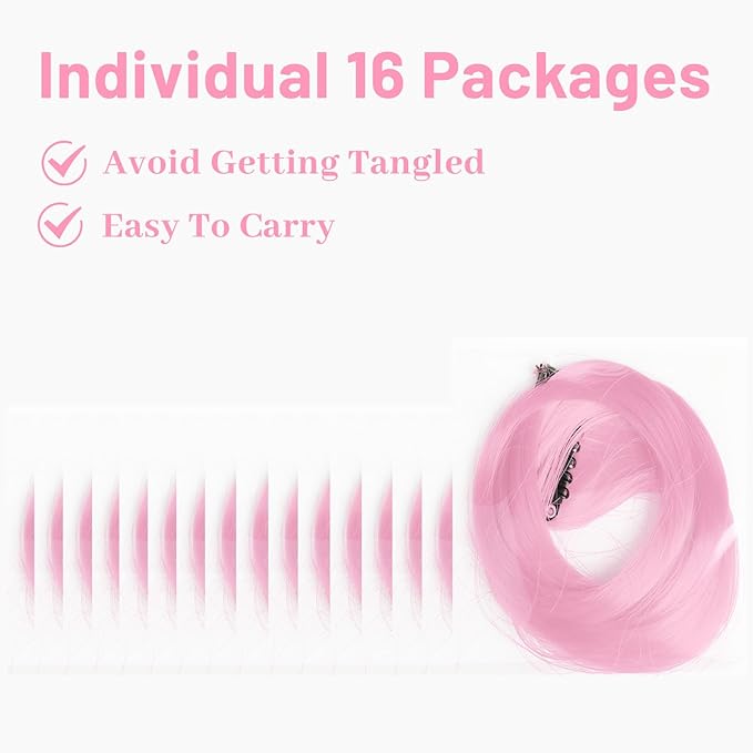 16 Pcs Colored Hair Extensions Curly Wavy Clip in Synthetic Hairpiece Streak for Girls Women Kids, Multi-colors Party Highlights Cosplay Festival Gift(Light Pink)