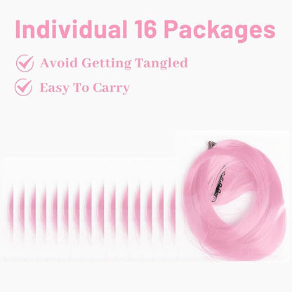 16 Pcs Colored Hair Extensions Curly Wavy Clip in Synthetic Hairpiece Streak for Girls Women Kids, Multi-colors Party Highlights Cosplay Festival Gift(Light Pink)