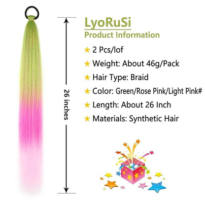 2 Pack Braid Ponytail Extension with Elastic Tie Straight Sleek Wrap Around Braid Ponytail Green Pink Gradient 26 Inch (Green/Rose Pink/Light Pink#)