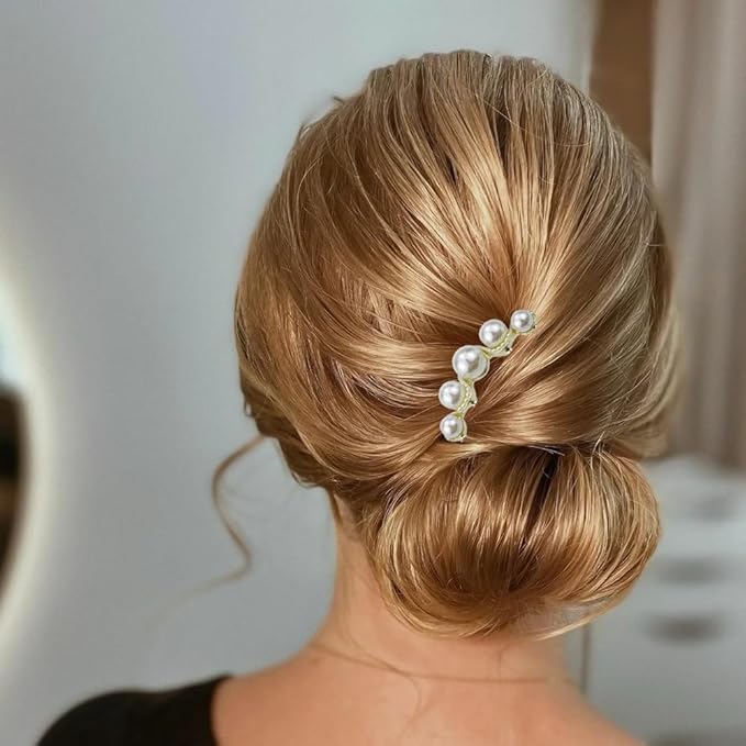 4 PACK Pearls Twist Hair Pins, Pearl U Shaped Hair Side Combs, 4 Prong Hair Updo Hair Sticks, Vintage Hair Fork Clips, French Pearl Hairpin Hair Styling Accessories for Wedding Party Holiday Daily