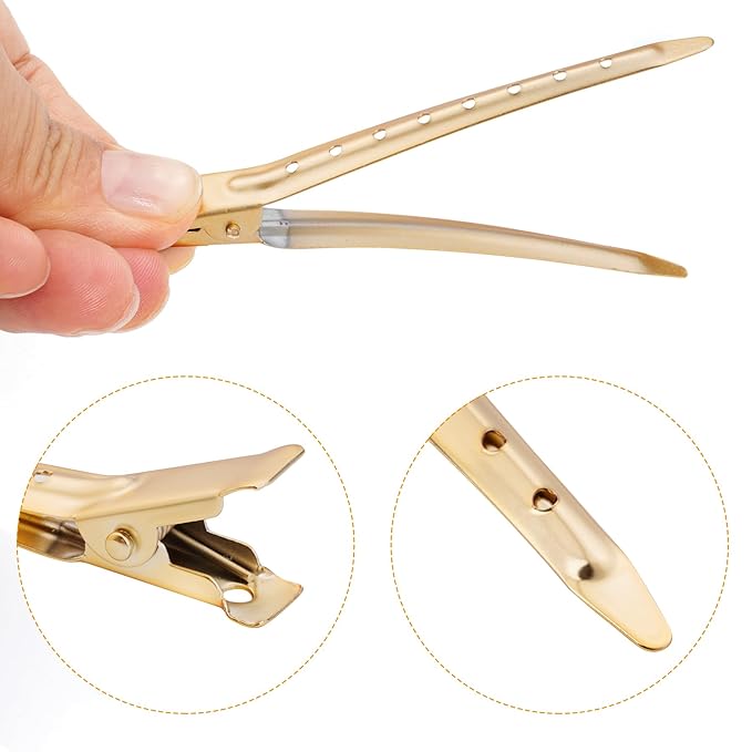24 Packs Duck Bill Clips, Bantoye 3.35 Inches Rustproof Metal Alligator Curl Clips with Holes for Hair Styling, Hair Coloring, Matte Gold