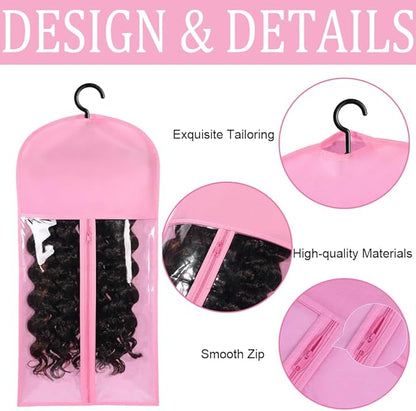 3PCS wig Hanger Hair Extension Holder Wig Storage for Multiple Wigs Bags Storage with Hanger Wig Holder Dust-proof Hair Extension Storage with Hook hair extensions, wigs & accessories (Pink)