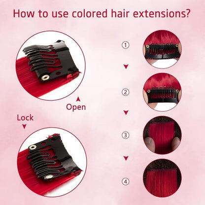 20 Inch Colored Hair Extensions Party Highlights Straight Colorful Clip In Hair Extensions Synthetic Rainbow Hairpieces for Girls Kids Gift(10Pcs Red)