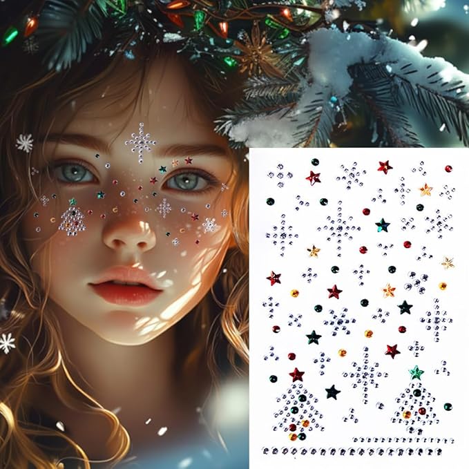 3 Sheet Christmas Face Gems Hair Gems, Self-Adhesive Face Jewels Eye Jewels Rhinestones DIY Face Gems Stick on, Halloween Makeup Gems Rave Accessories for Face Eyes Body Makeup, Crafts