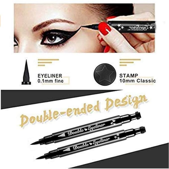 4Pcs Dual-Ended Black Liquid Eyeliners Pack with Face Stamps – Star Moon Flower Heart Stamps for Cosplay & Gothic Makeup,Fine Tip, Smudge-resistant – Beginner-Friendly (4Pcs-Black-set03)