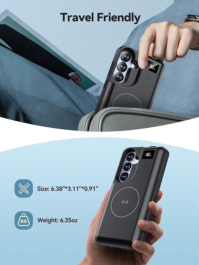 NEWDERY for Samsung Galaxy S25 Plus Battery Case 6.7", 10000mAh Portable Power Bank with LED Display, Qi Wireless Charger & 20W USB C Fast Charging, Sync-Data Supported Black